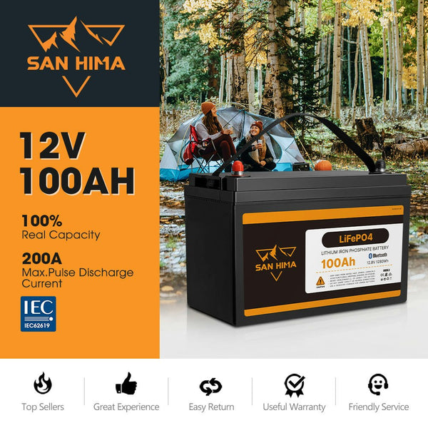 San Hima 12V 100Ah Lithium Iron Phosphate Battery LiFePO4 w/ Built-in BMS Bluetooth