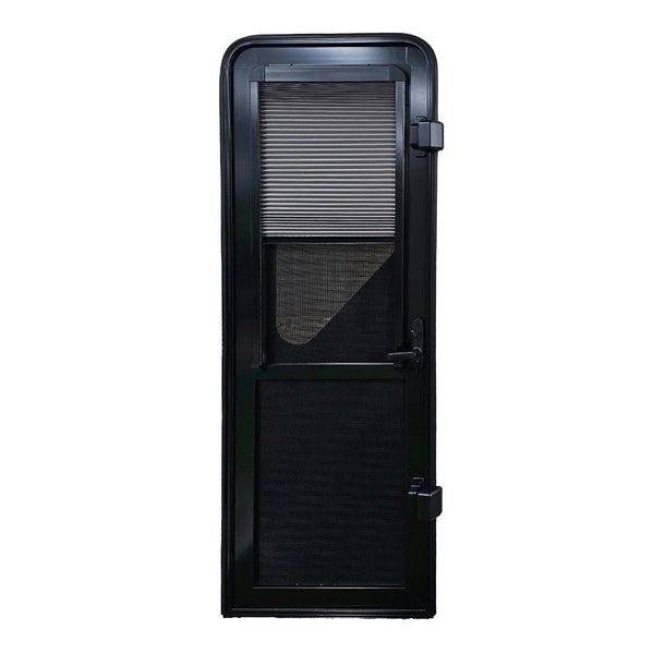 Aussie Traveller Caravan DC Door with Pleated Blind - LHH - Black - Round Top Corners - 1750 x 622mm