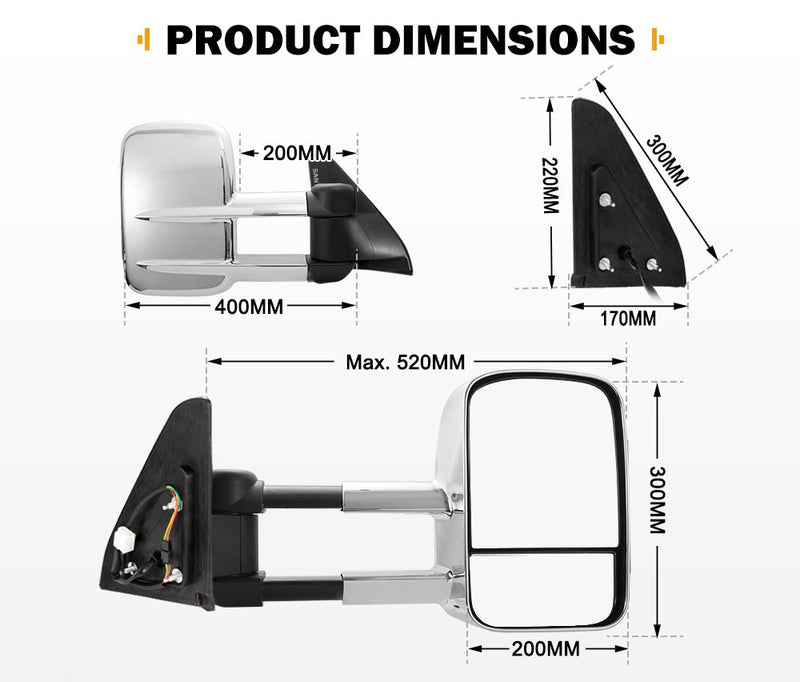 Pair Extendable Towing Mirrors for Toyota Prado 120 Series 2002-2009