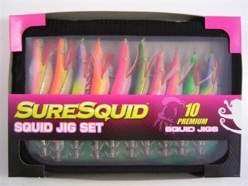 10 X Assorted Premium Squid Jigs In Zip Up Pouch - Large