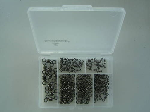 100 x Surecatch Assorted Black Crane Swivels in Fishing Tackle Box