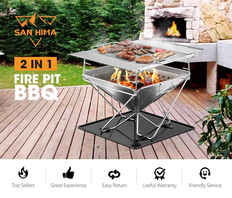 SAN HIMA Portable Fire Pit Large Size Folding Stainless Steel BBQ Grill Outdoor