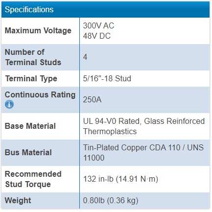 Blue Sea Busbar 250A 4P/Terminals - 5/16