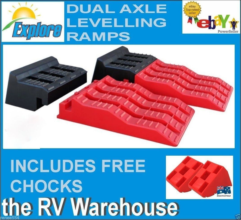 EXPLORE DUAL AXLE LEVELLING RAMPS - RV, CARAVAN ACCESSORIES, FREE CHOCKS