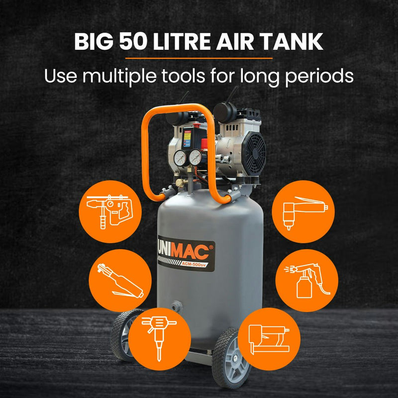 Unimac 2HP 50L Silent Oil-Free Portable Electric Air Compressor, Vertical, for Airtools, Tyre Inflation