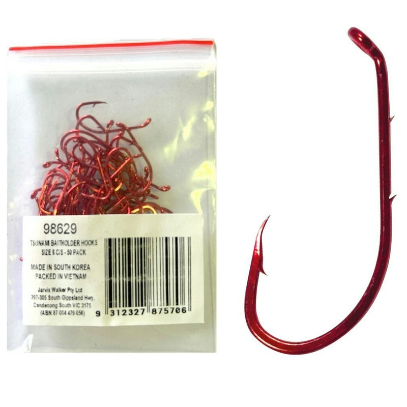 50 Pack of Tsunami Size 6 Red Chemically Sharpened Baitholder Hooks