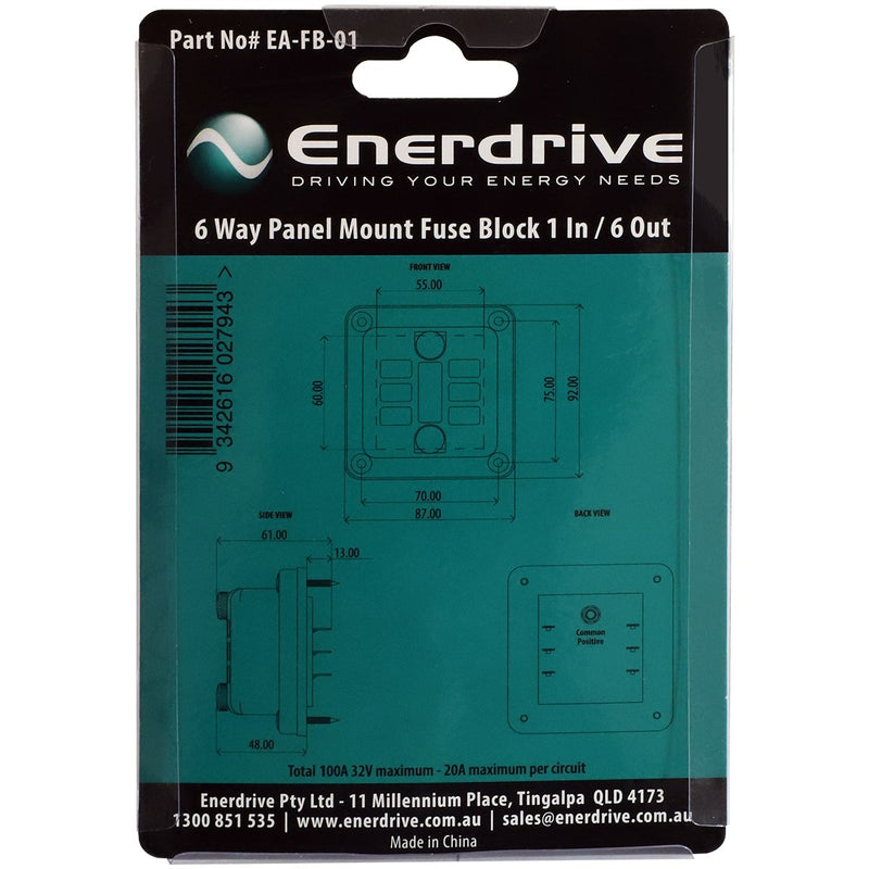 Enerdrive Fuse Block, Rear Entry Panel Mount 1 In 6 Out with LEDs