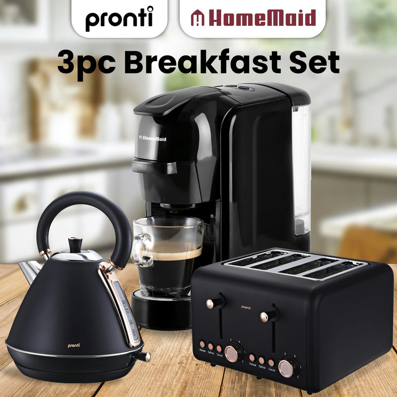 Pronti Kettle, Pronti Toaster and HomeMaid Coffee Machine Breakfast Set - Black