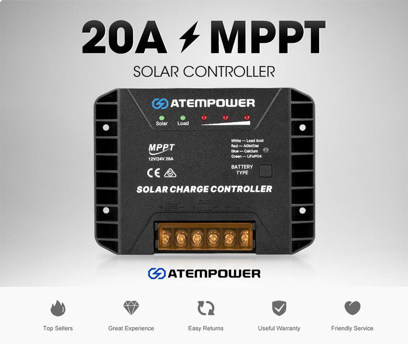 ATEM POWER 20A MPPT Solar Charge Controller  Regulator 12V/24V Lithium Compatible