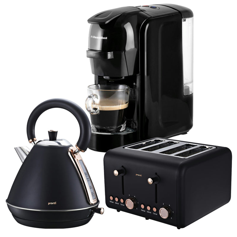 Pronti Kettle, Pronti Toaster and HomeMaid Coffee Machine Breakfast Set - Black