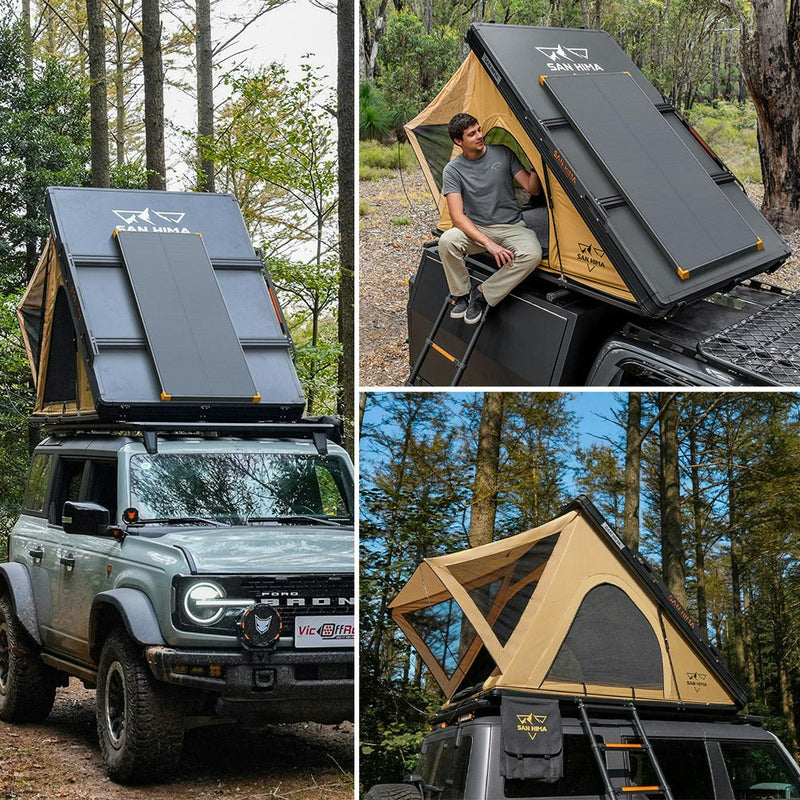 San Hima kalbarri Lite Rooftop Tent Hardshell + Ladder & Rack + 120W Solar Panel