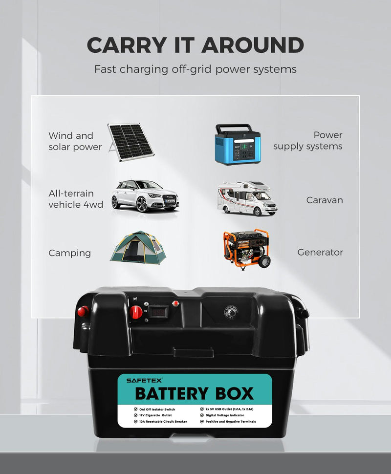 12V 170Ah AGM Battery Deep Cycle with Battery Box Dual USB Caravan Camping Solar