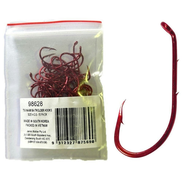 50 Pack of Tsunami Size 4 Red Chemically Sharpened Baitholder Hooks