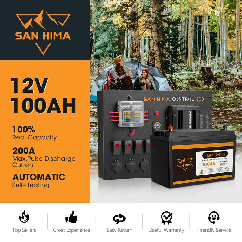 San Hima 12V 100Ah Lithium Iron Phosphate Battery Self heating + 12V Control Box