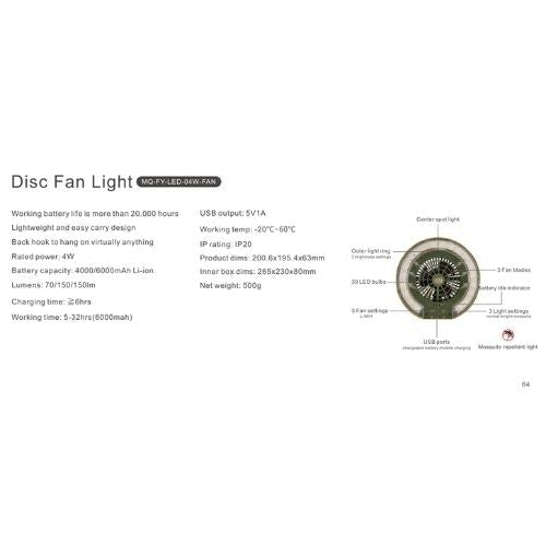 Portable Disc Fan and Light with USB charging port