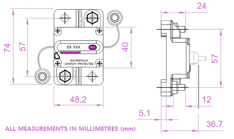 Exotronic 60A Surface Mount Waterproof DC Circuit Breaker