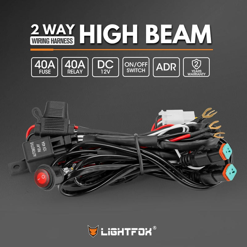 Lightfox 2 Way High Beam Wiring Harness w/ DT 2-Pin Connector For LED Light Bar