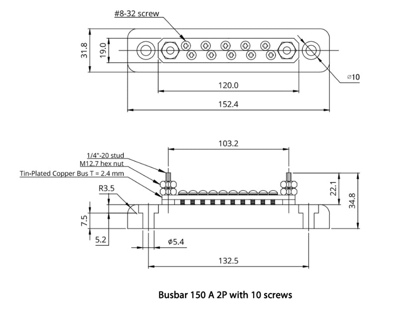 Victron Busbar 150A 2P/Terminals with 10 Screws & Cover