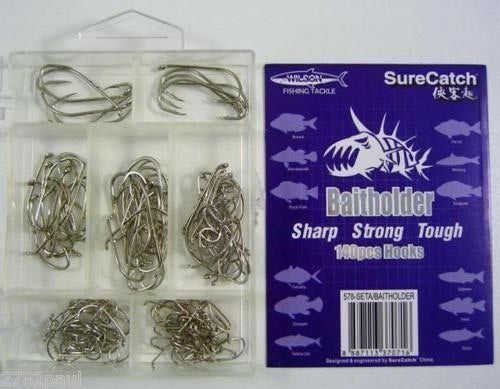 Surecatch 140 Piece Assorted Baitholder Fishing Hook Pack in Tackle Box