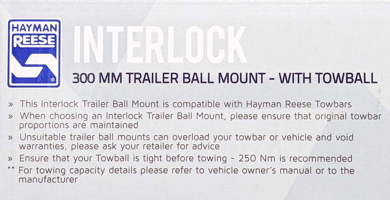 Hayman Reese 21226 Interlock 300mm Trailer Ball Mount and Towball