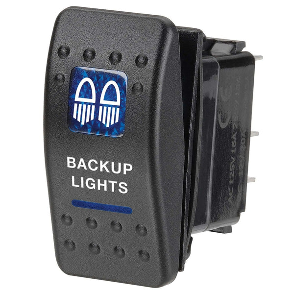 Narva 63142BL 12 Volt Illuminated Off/On Sealed Rocker Switch with "Backup Lights" Symbol (Blue)