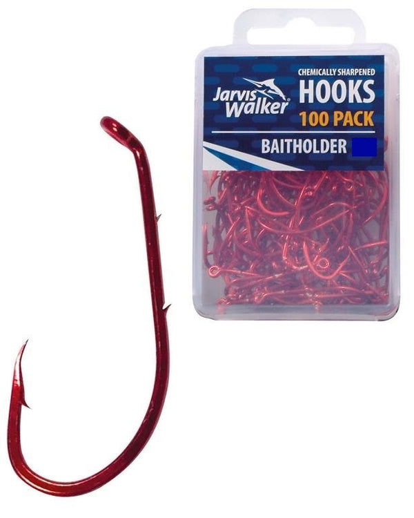 100 x Jarvis Walker Size 4/0 Baitholder Hooks - Red Chemically Sharpened Hooks