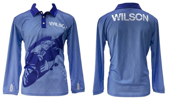 Small Wilson Blue Kingfish Tournament Long Sleeve Fishing Shirt with Collar