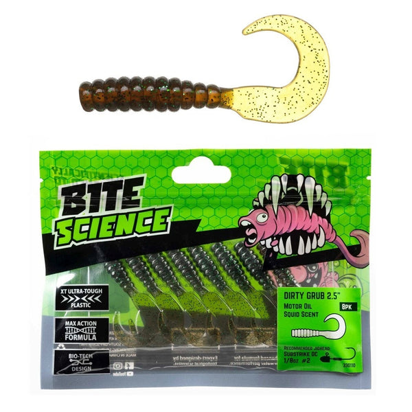 8 Pack of 2.5 Inch Bite Science Dirty Grubs Soft Plastic Lures - Motor Oil